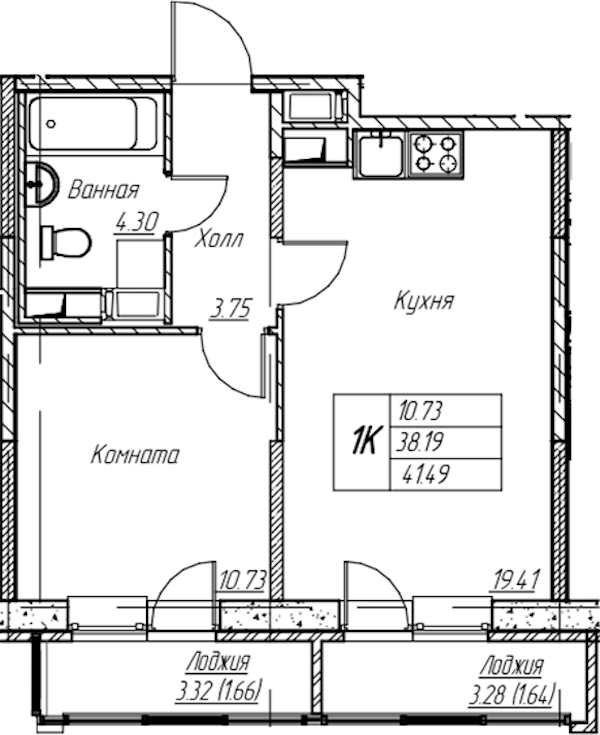 1-комнатная квартира 41.49 м², 11/22 эт., ЖК «Парк-квартал Юнтолово»